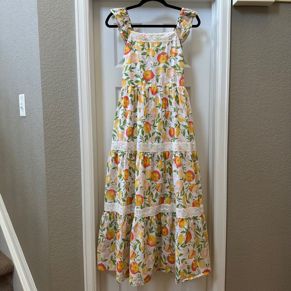 Rachel Zoe Citrus Fruit Printed‎ Tiered
Midi Maxi Dress Lace Smocked Size 2